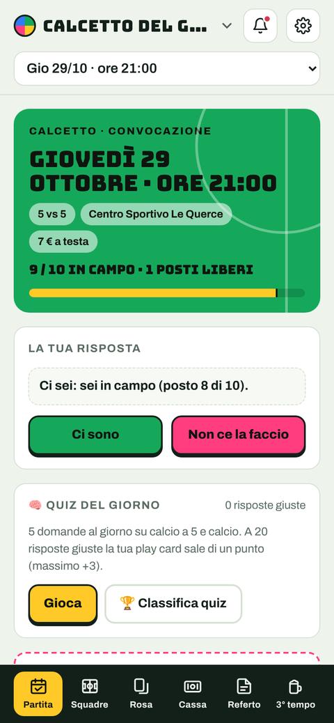 La convocazione della partita con i posti liberi e il pulsante Ci sono